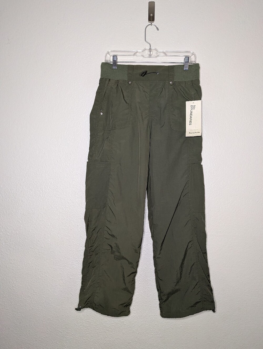 New No Boundaries Y2K Style Olive Green Drawstring Parachute Cargo Pants S NWT